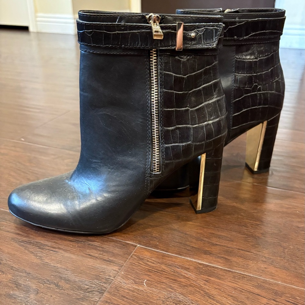 Ann Taylor Black Leather Ankle Boots with Gold Accents